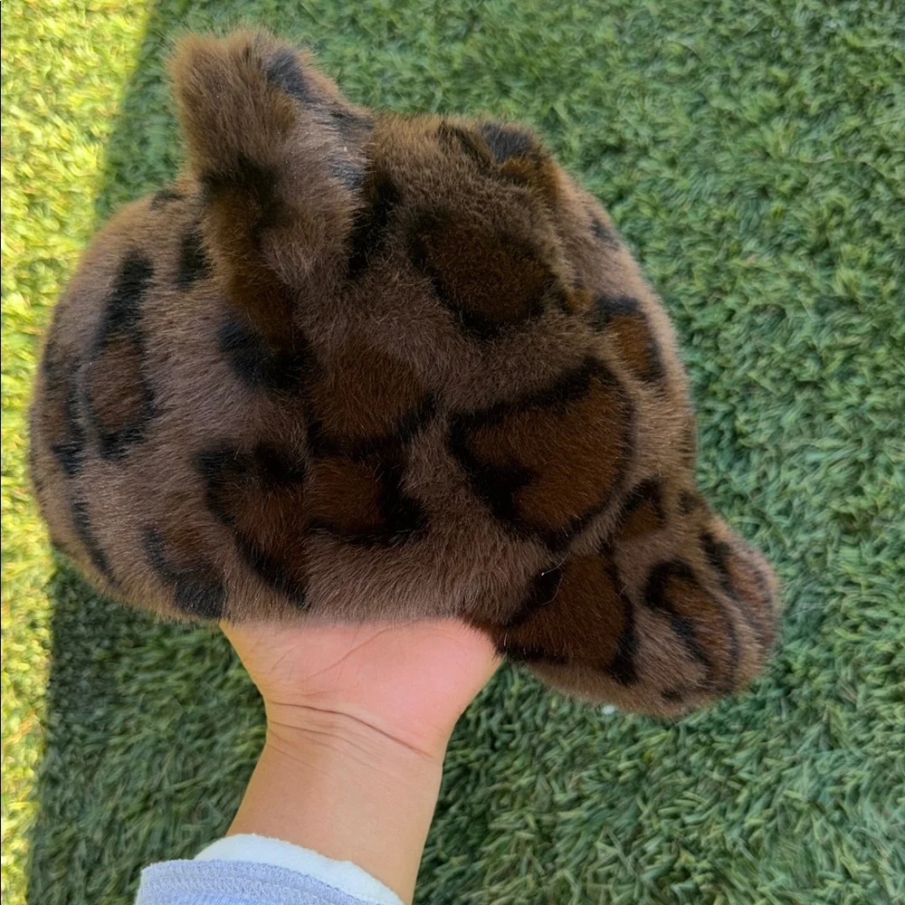 Faux Fur Leopard-Print Ear Cap - Brown